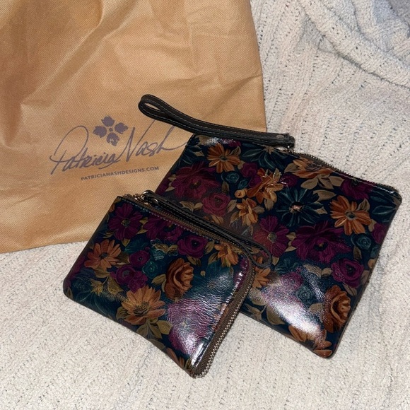Rare Patricia Nash Set! Fall Color Floral Design Leather Large & Smaller Bag - Picture 1 of 11